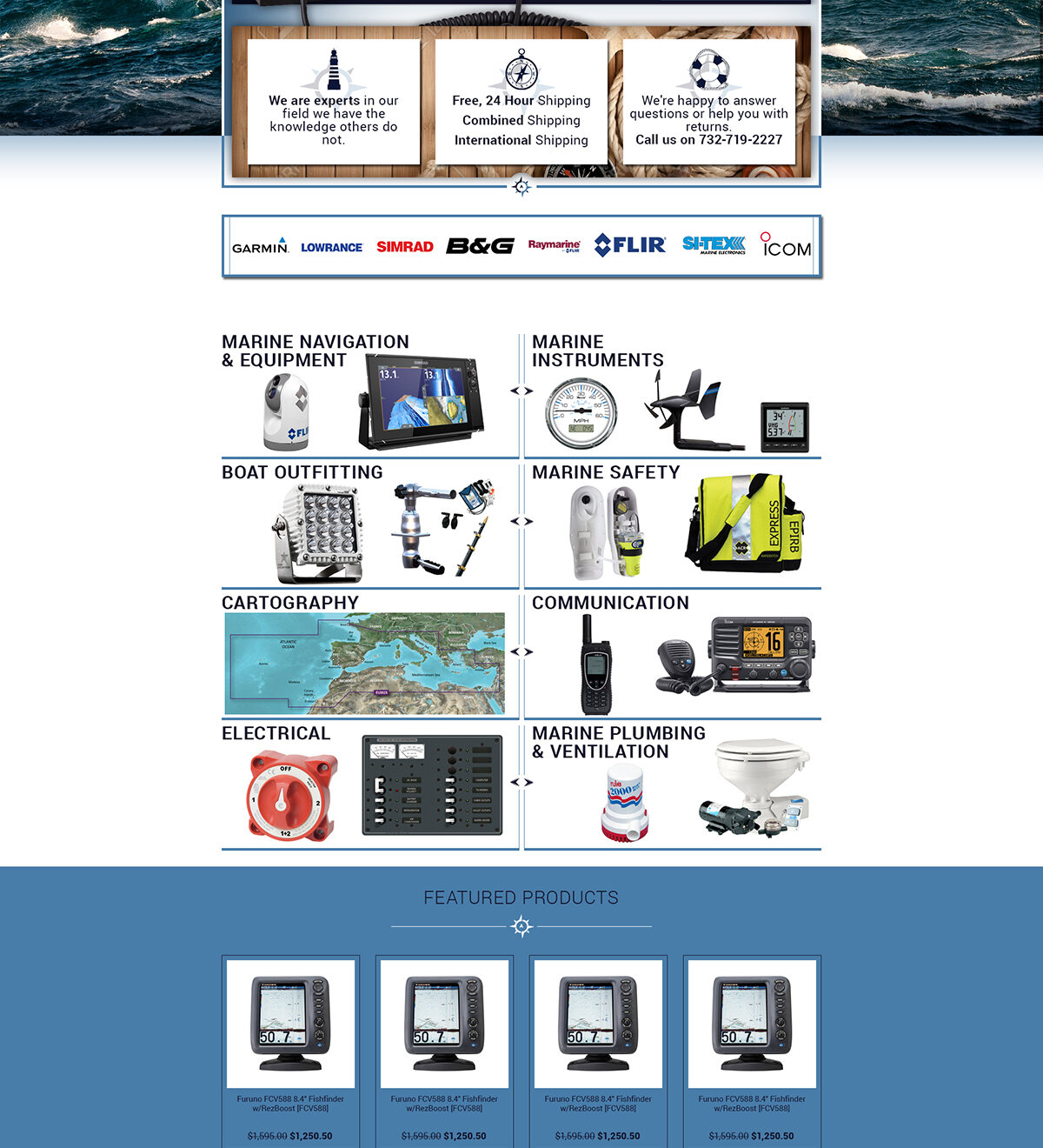 Northern Marine Electronics BigCommerce store with shipping and support promises in text boxes, a row of marine brand logos and a category grid with product photos
