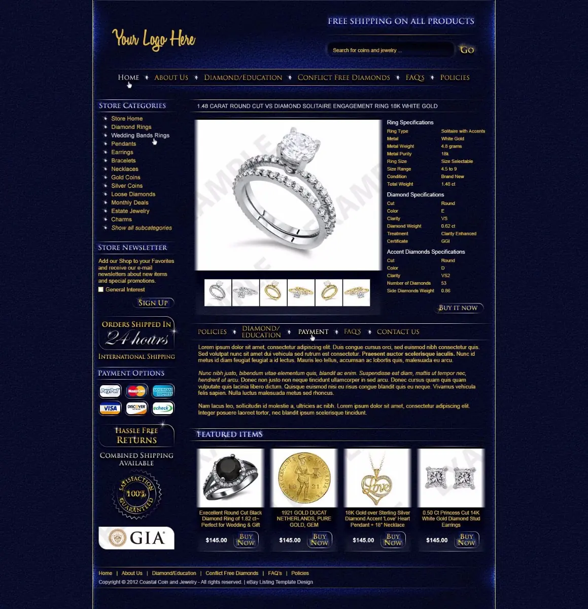 Myzio premade eBay listing template #1264 for jewelry & watches