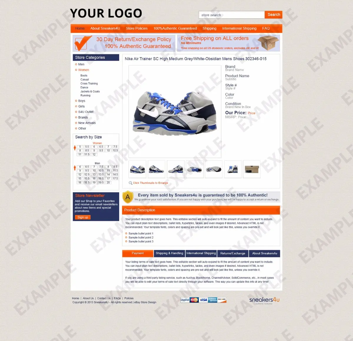 Teklinks premade eBay listing template #1232 for apparel & shoes