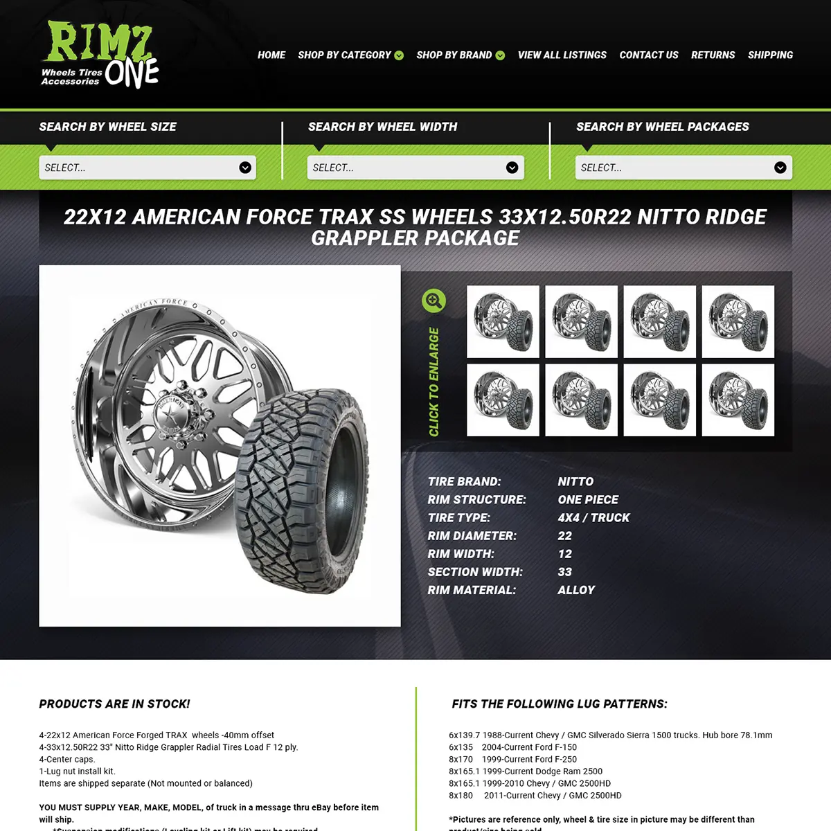 The same wheel and tire package in an OC Designs eBay listing template: branded header, search by wheel size, specs table and fitment notes.