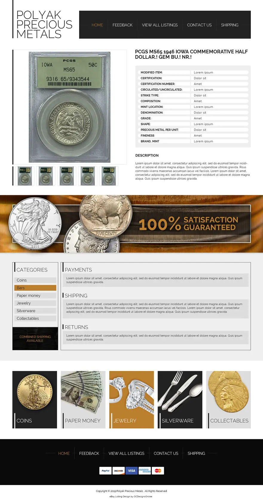 Coin store eBay design for Polyak Precious Metals