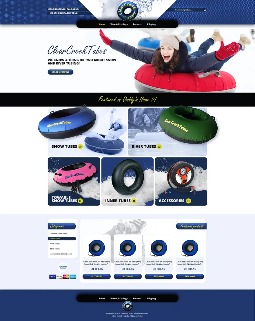 An eBay store design for Clear Creek Tubes with a winter banner, product category tiles and featured products
