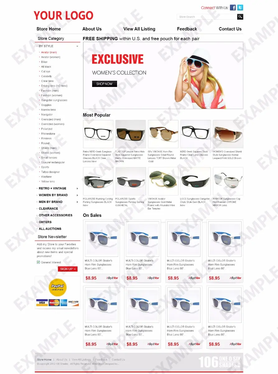 Ainix premade eBay store design #1253 for sunglasses & bags