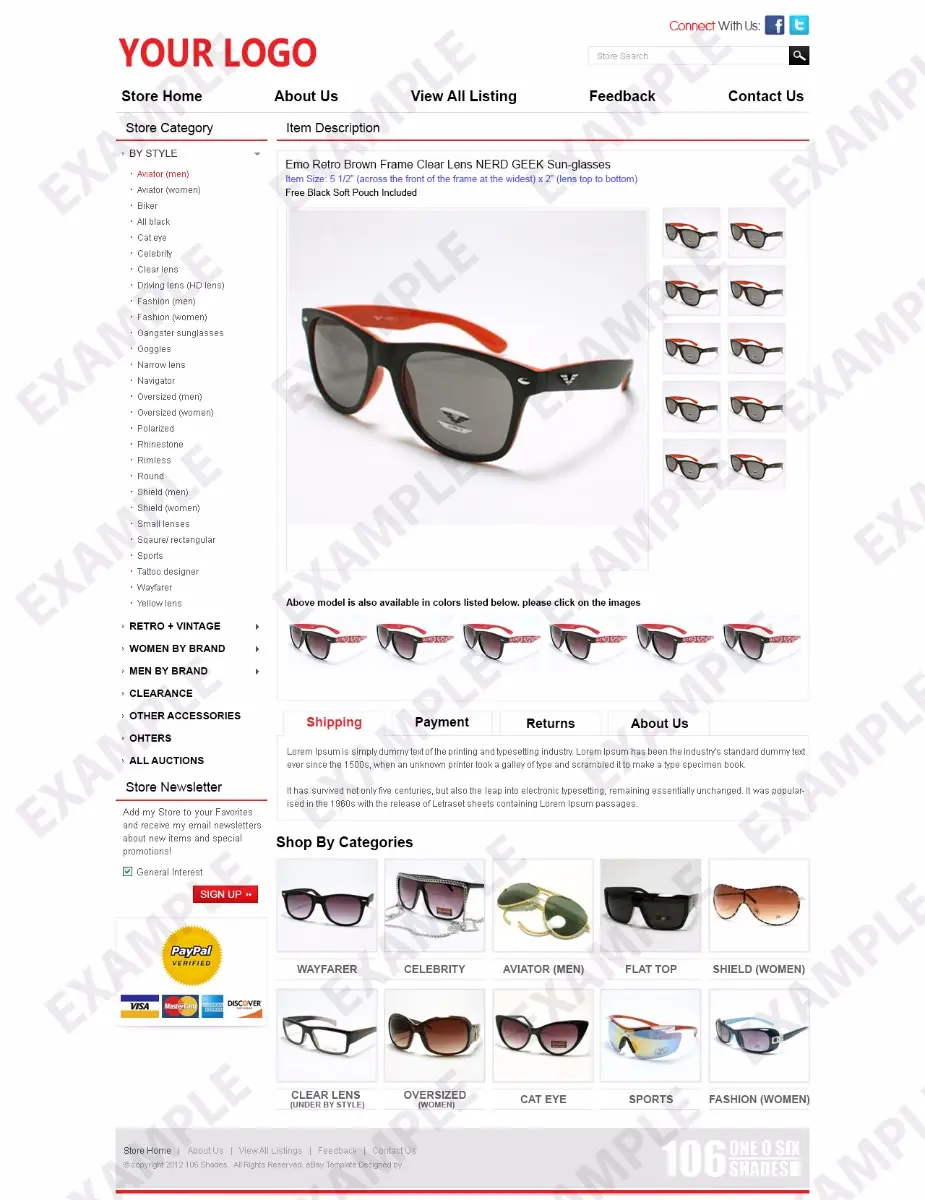 Ainix premade eBay listing template #1253 for sunglasses & bags